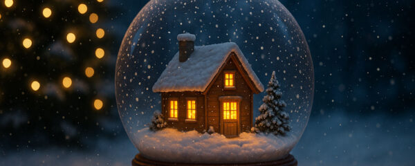 Boule à neige festive contenant une petite maison en bois avec des fenêtres éclairées, entourée de neige et d’un sapin de Noël.