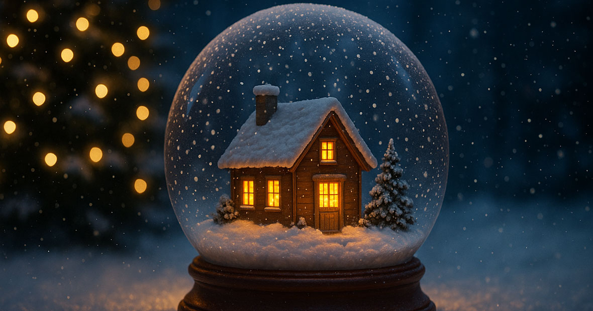 Boule à neige festive contenant une petite maison en bois avec des fenêtres éclairées, entourée de neige et d’un sapin de Noël.