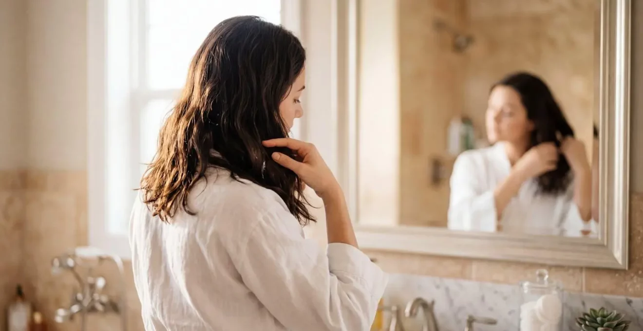 Femme de dos se touchant les cheveux devant un miroir de salle de bain lumineuse