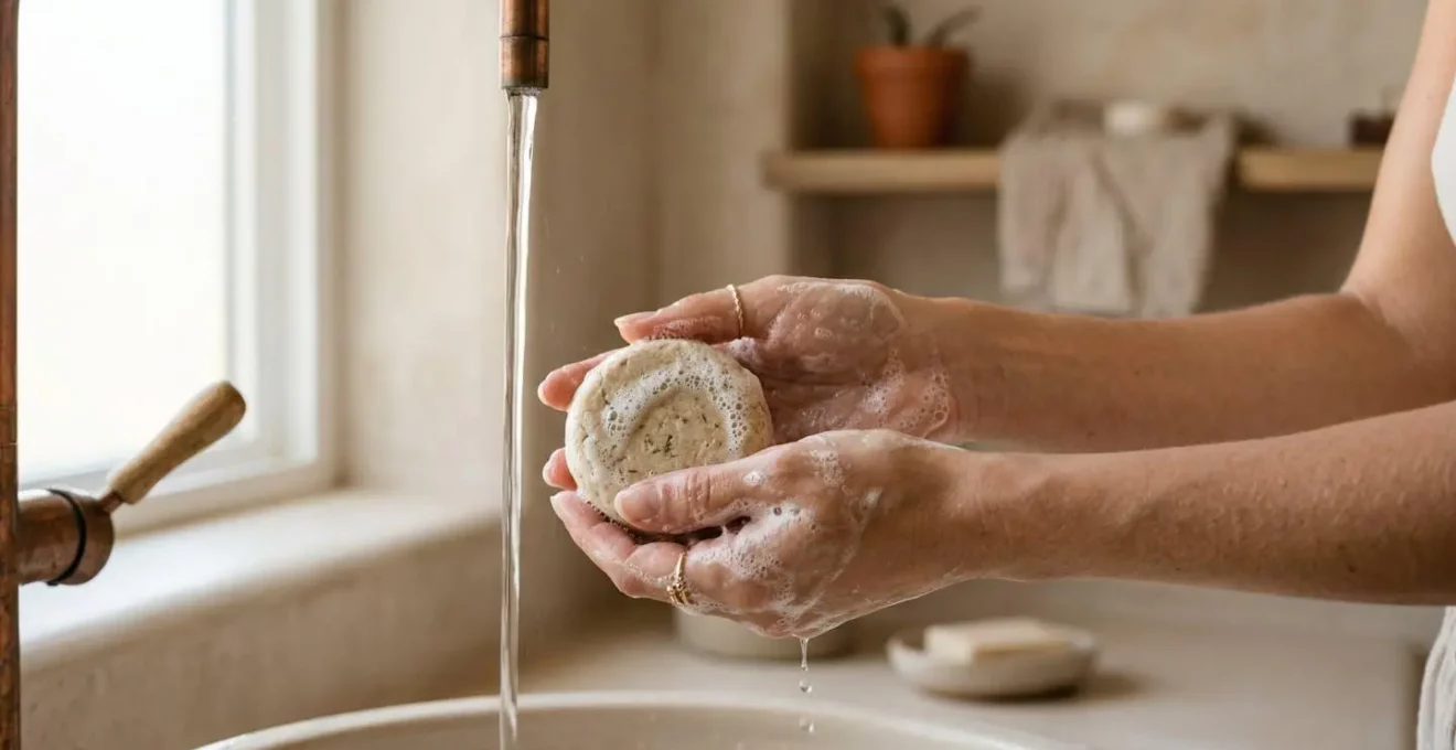 Mains féminines faisant mousser un shampoing solide sous l'eau dans une salle de bain épurée