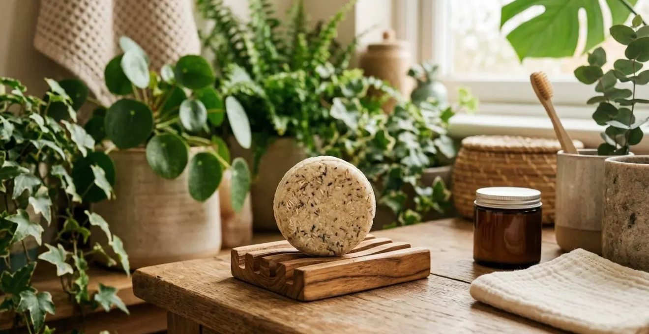 Shampoing solide posé sur un porte-savon en bois dans une salle de bain zéro déchet