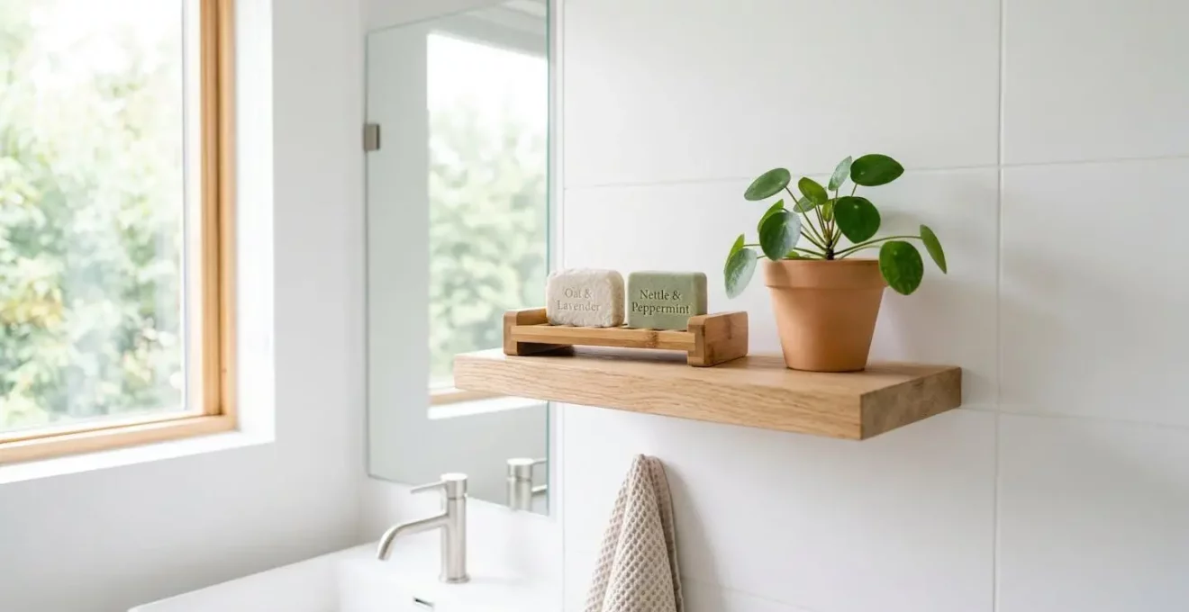 Étagère moderne en bois clair dans une salle de bain épurée, avec des shampoings solides posés sur un porte-savon en bambou et une petite plante verte décorative