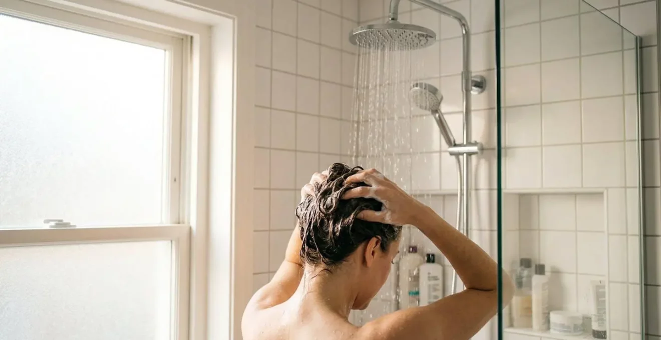 Une femme vue de dos masse son cuir chevelu sous la douche dans une salle de bain contemporaine lumineuse