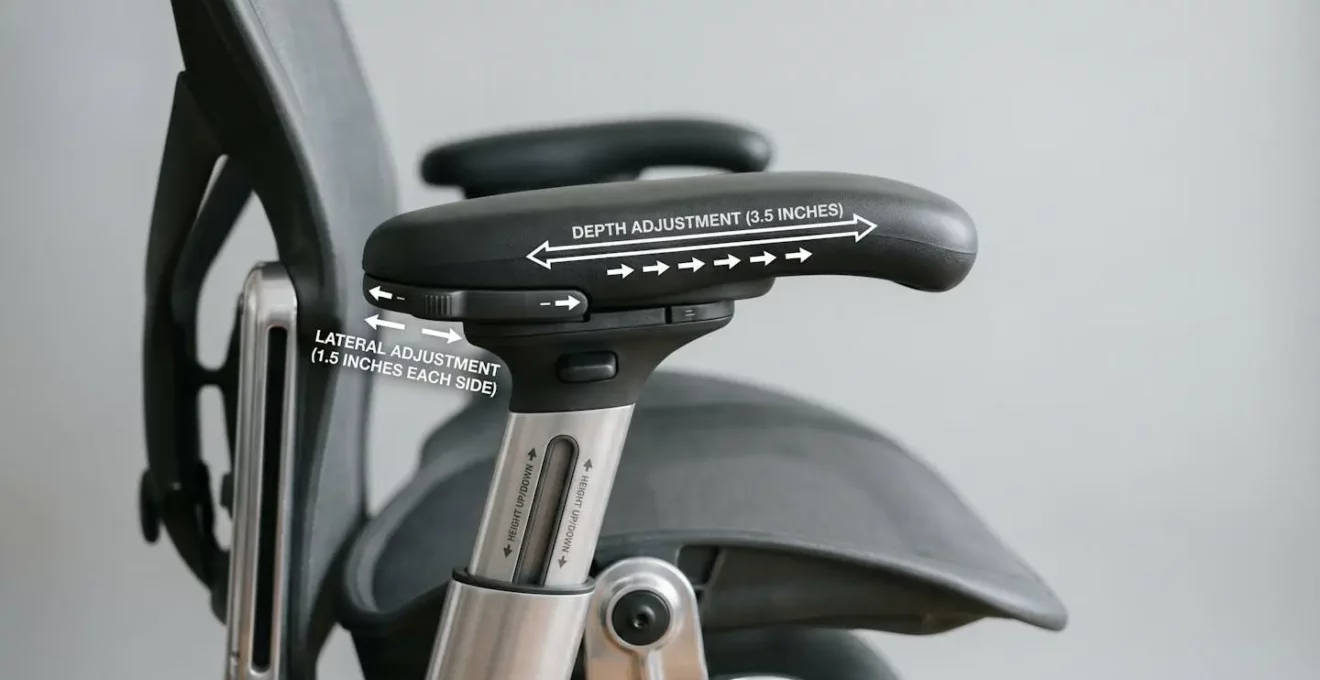 Accoudoir ajustable 4D d'une chaise de bureau ergonomique, montrant les axes de réglage latéral et de profondeur