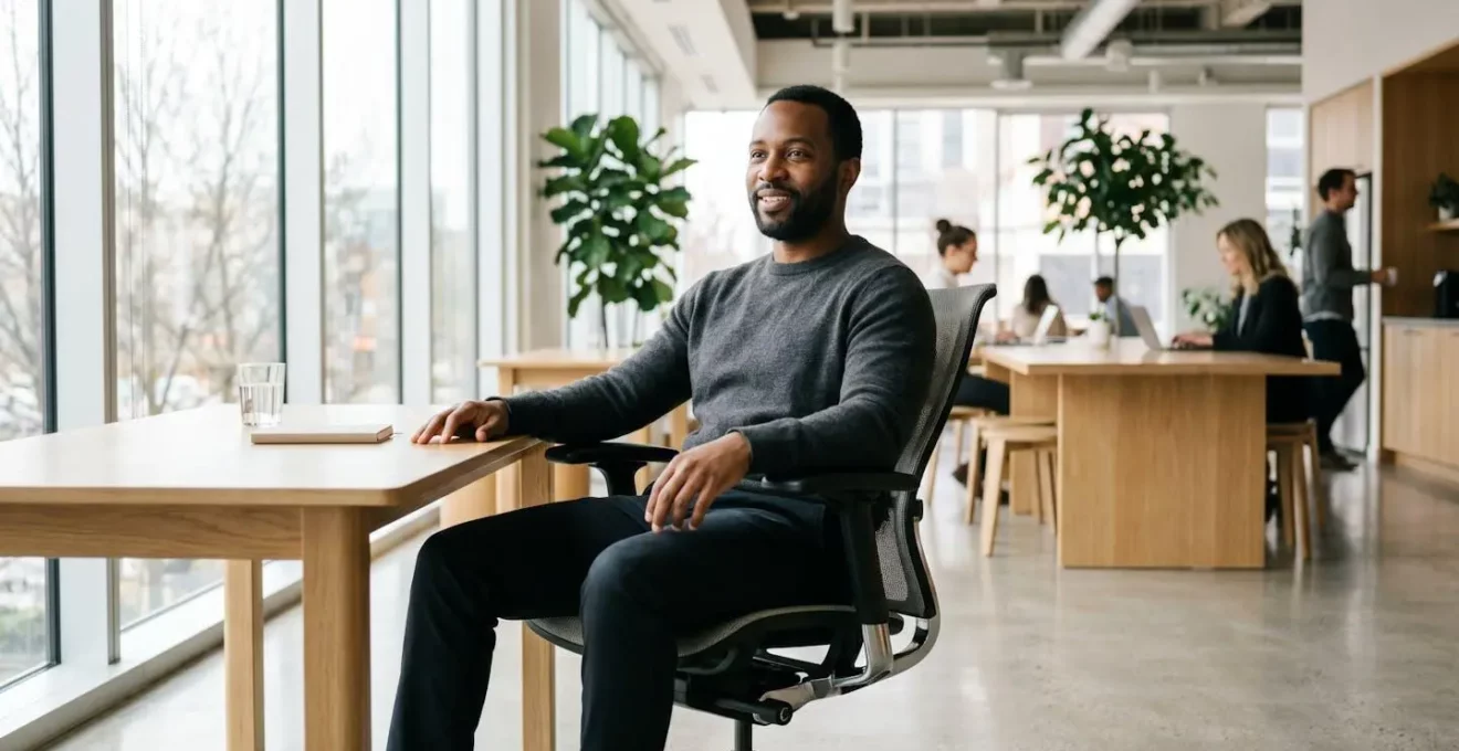 Professionnel assis sur une chaise ergonomique régler dans un open space lumineux, posture droite et naturelle
