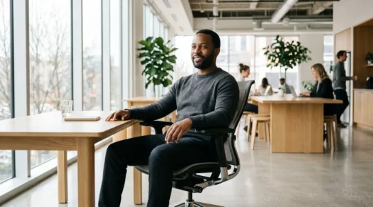 Professionnel assis sur une chaise ergonomique régler dans un open space lumineux, posture droite et naturelle