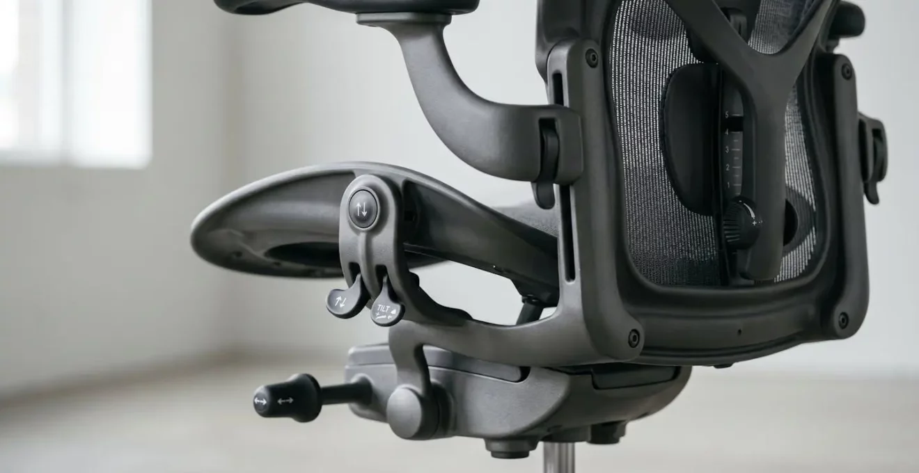 Gros plan sur les mécanismes de réglage d'une chaise ergonomique : hauteur, profondeur d'assise et soutien lombaire