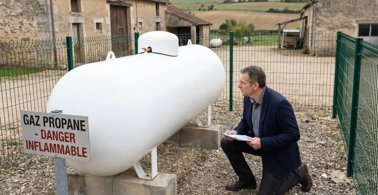 Responsable énergie d'une PME inspectant une citerne de gaz propane installée sur site industriel en zone rurale