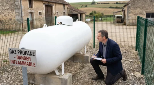 Responsable énergie d'une PME inspectant une citerne de gaz propane installée sur site industriel en zone rurale