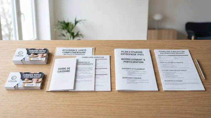 Bureau organisé avec différents supports d'avantages sociaux : cartes restaurant, documents d'assurance santé et livrets d'épargne salariale