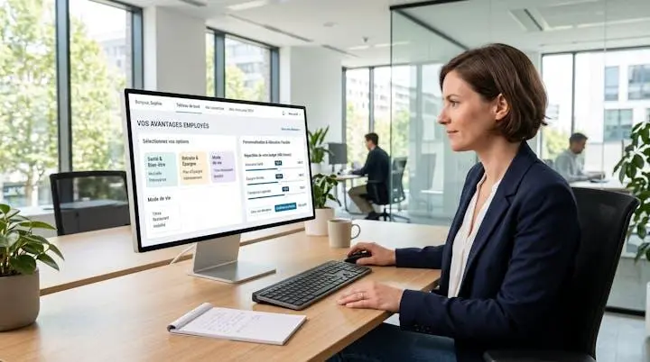 Écran d'ordinateur affichant une interface de gestion des avantages sociaux avec options de personnalisation dans un bureau moderne