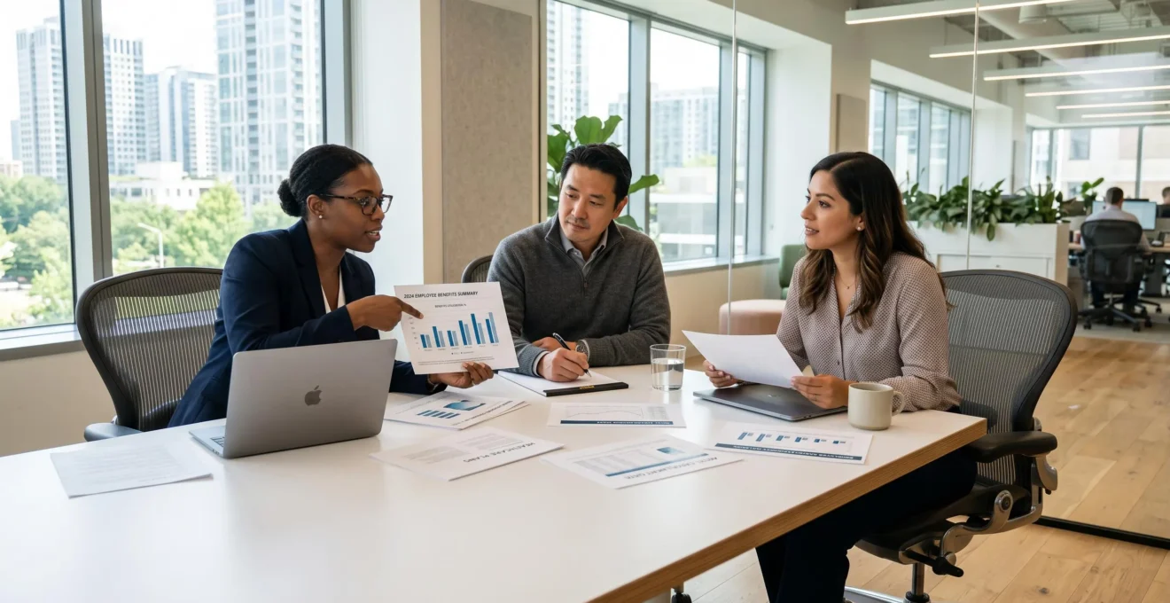 Équipe RH en réunion collaborative dans un bureau moderne, analysant des documents de politique d'avantages sociaux sur une table de conférence