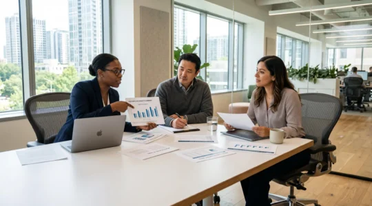 Équipe RH en réunion collaborative dans un bureau moderne, analysant des documents de politique d'avantages sociaux sur une table de conférence