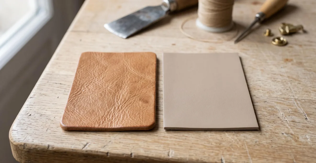 Gros plan macro sur deux échantillons de matériaux pour sandales : cuir pleine fleur camel à gauche avec grain visible et matériau synthétique lisse à droite, posés sur établi d'atelier de maroquinerie