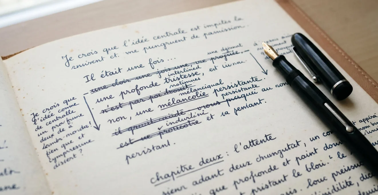Gros plan sur page manuscrite à l'encre avec ratures visibles, annotations marginales et corrections interlignes, stylo-plume vintage posé à côté