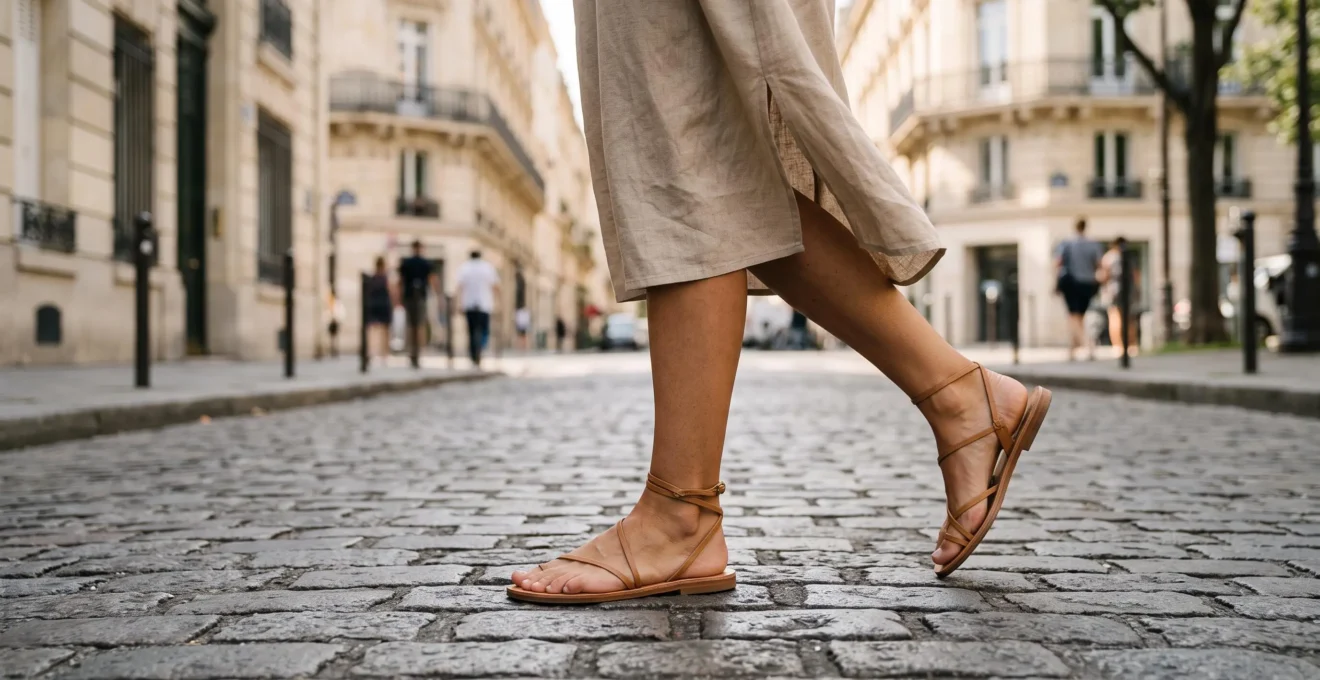 Gros plan sur des sandales en cuir camel minimalistes portées par une femme marchant sur un trottoir pavé parisien en été, avec façades haussmanniennes en arrière-plan flouté