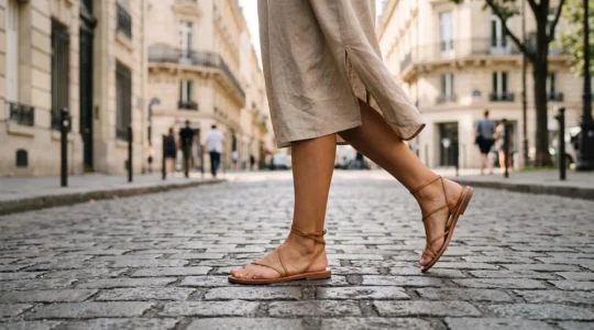 Gros plan sur des sandales en cuir camel minimalistes portées par une femme marchant sur un trottoir pavé parisien en été, avec façades haussmanniennes en arrière-plan flouté