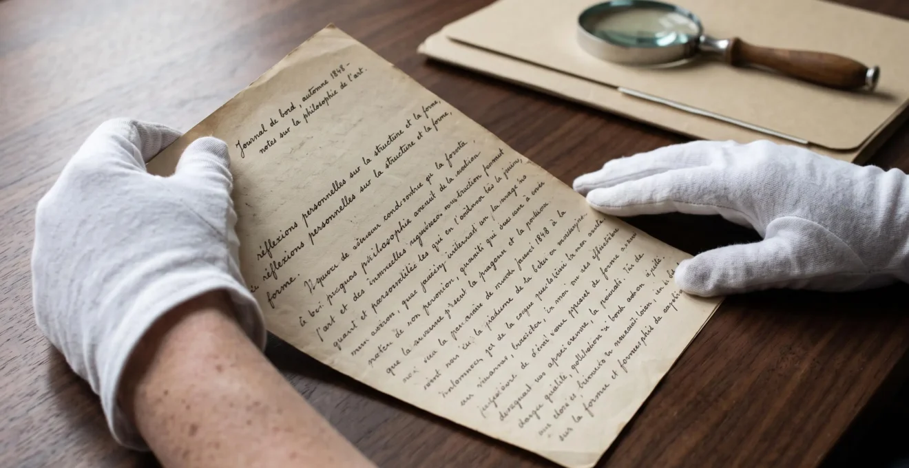 Mains gantées d'expert examinant un manuscrit original à l'encre sur table en bois sombre, éclairage latéral naturel révélant la texture du papier ancien