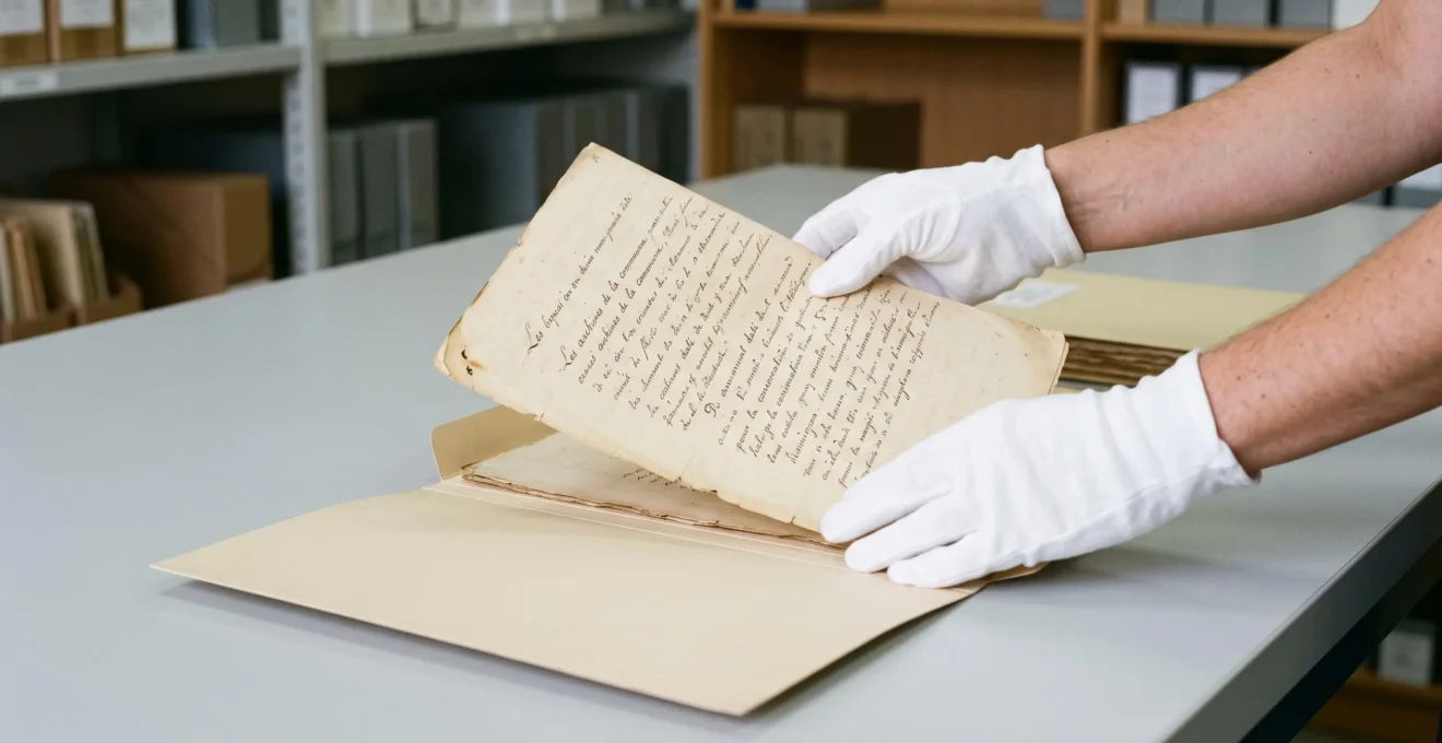 Mains gantées soulevant avec précaution un manuscrit ancien sorti d'une chemise de conservation beige acide-free sur table de travail grise