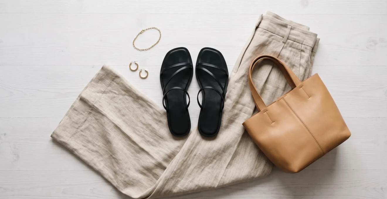 Vue de dessus flat-lay montrant sandales en cuir noir minimalistes entourées de vêtements lin beige, sac cabas camel et bijoux dorés fins sur sol béton clair