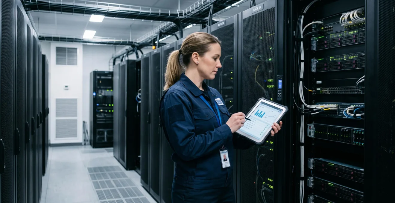 Technicien utilisant une tablette pour effectuer un contrôle technique d'équipements dans un data center