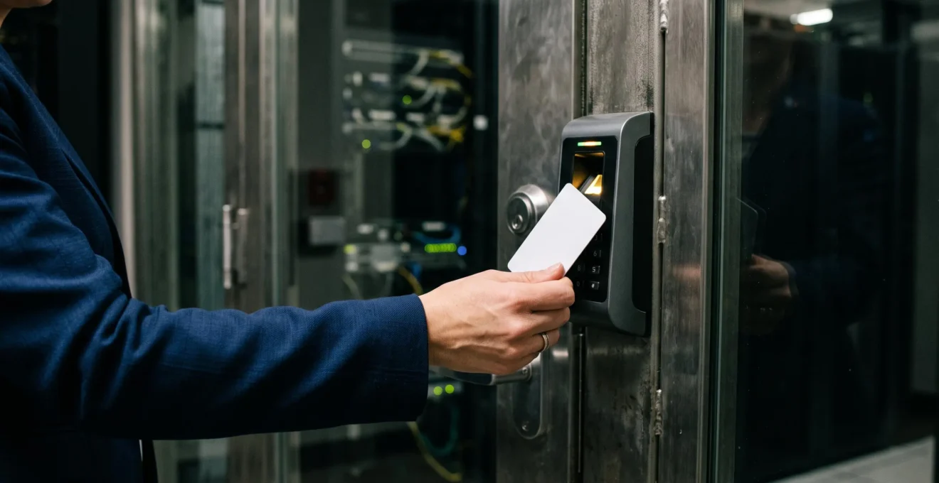 Main utilisant un badge d'accès sur un lecteur de contrôle d'entrée dans un data center sécurisé