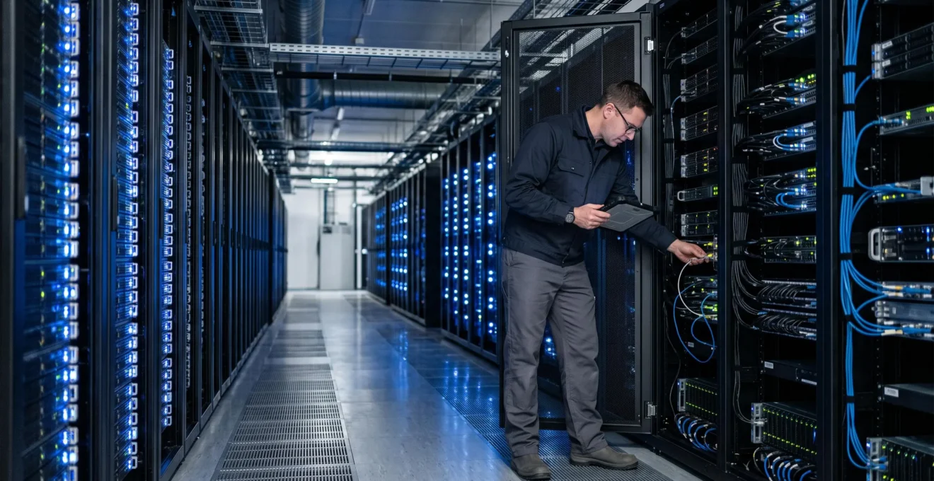 Intérieur d'un data center moderne avec des rangées de serveurs en rack et un technicien effectuant une vérification d'équipement
