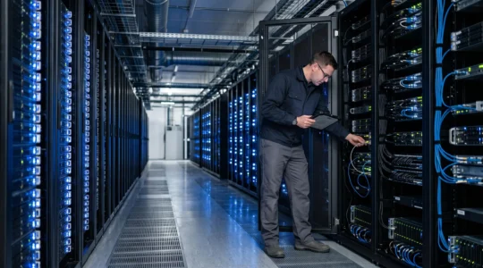 Intérieur d'un data center moderne avec des rangées de serveurs en rack et un technicien effectuant une vérification d'équipement
