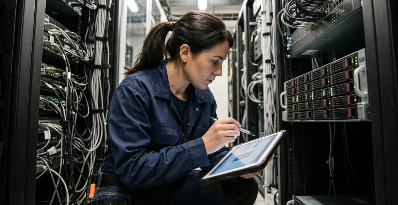 Technicien inspectant des équipements de stockage redondants et systèmes de sauvegarde dans un data center