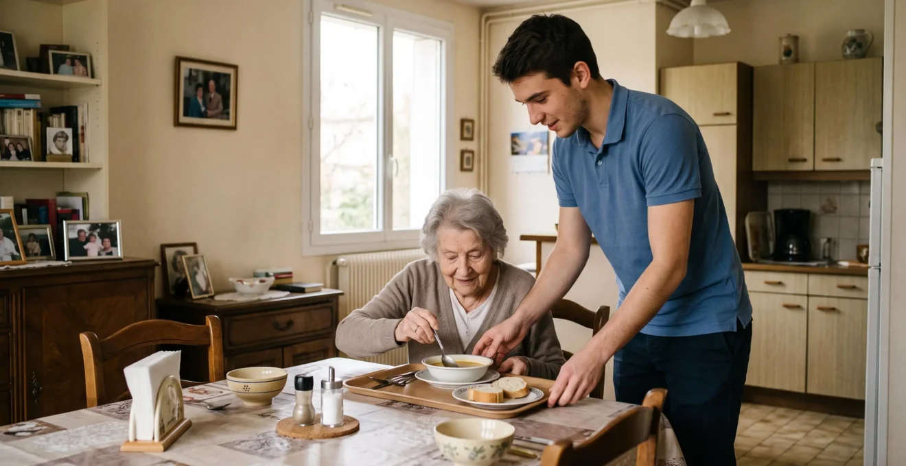 Young male care apprentice assisting an elderly woman with meal preparation in her home