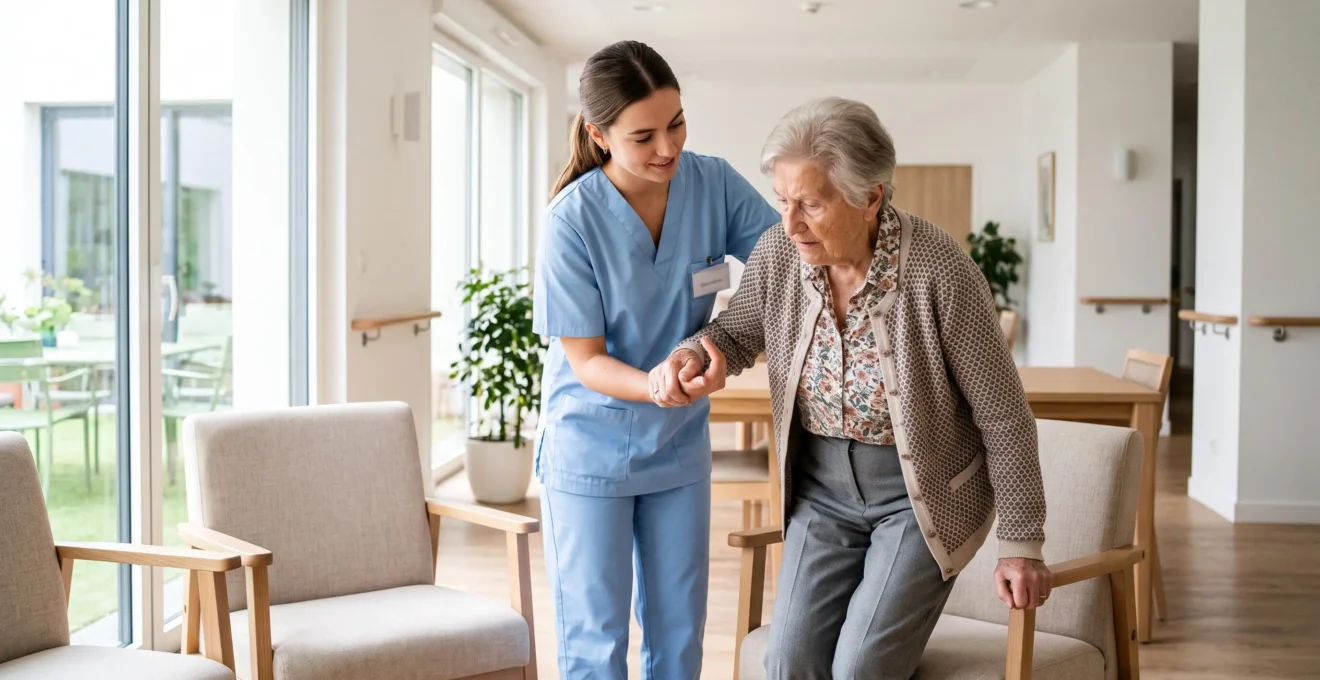 Young healthcare apprentice helping an elderly resident stand up in a care facility