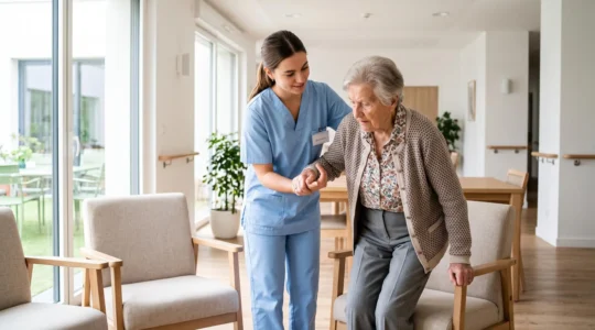 Young healthcare apprentice helping an elderly resident stand up in a care facility
