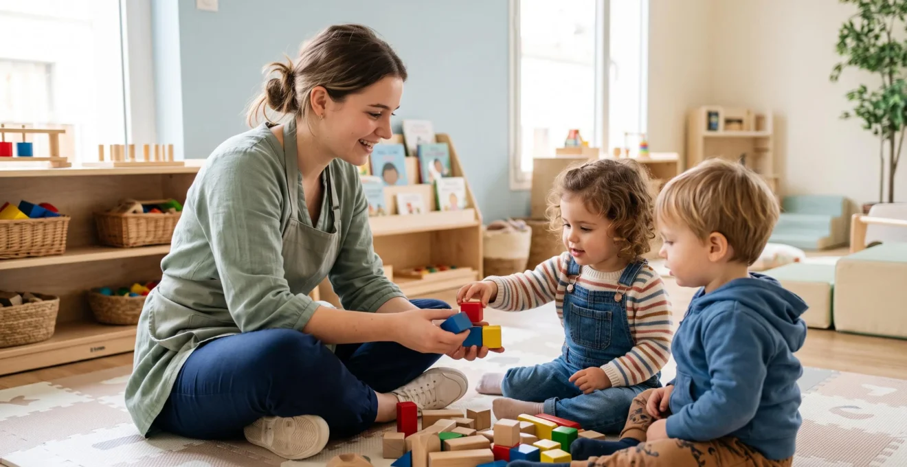 Young childcare apprentice engaging with toddlers during play activity in a daycare center