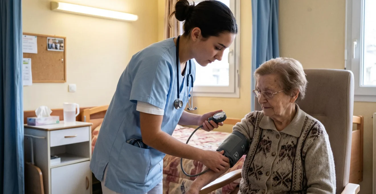 Nursing apprentice taking blood pressure measurement on an elderly patient in a care facility