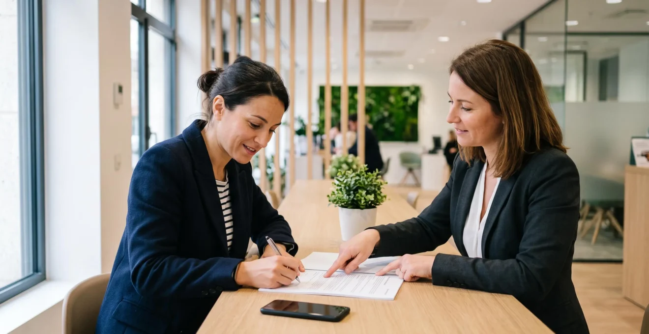 Une cliente signe un document de changement de banque au comptoir d'une agence bancaire en France, face à un conseiller.