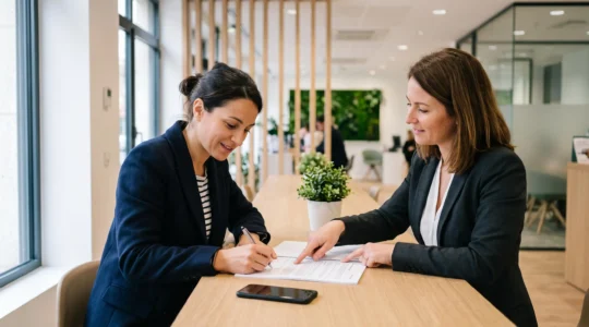 Une cliente signe un document de changement de banque au comptoir d'une agence bancaire en France, face à un conseiller.
