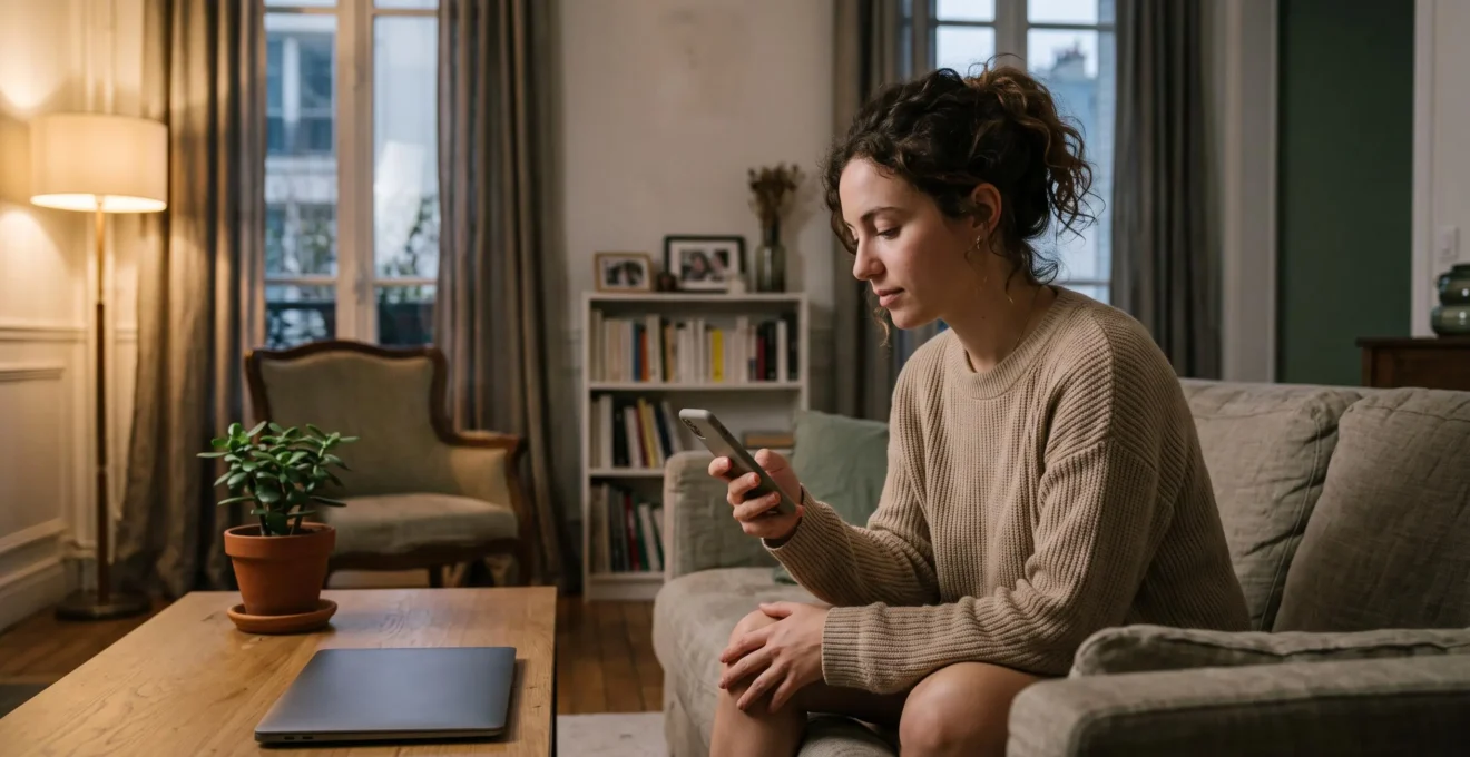 Une jeune femme consulte l'application de sa nouvelle banque sur son smartphone, assise sur le canapé de son salon.
