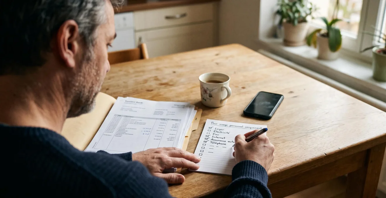Un homme coche une checklist manuscrite posée sur sa table de cuisine à côté d'un dossier de relevés bancaires.