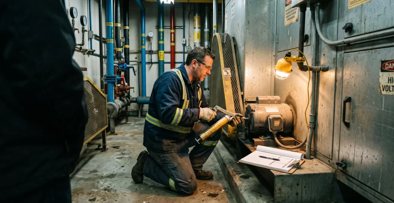 Un technicien lubrifie la bearing d'un moteur CVAC avec une pistolet à graisse.