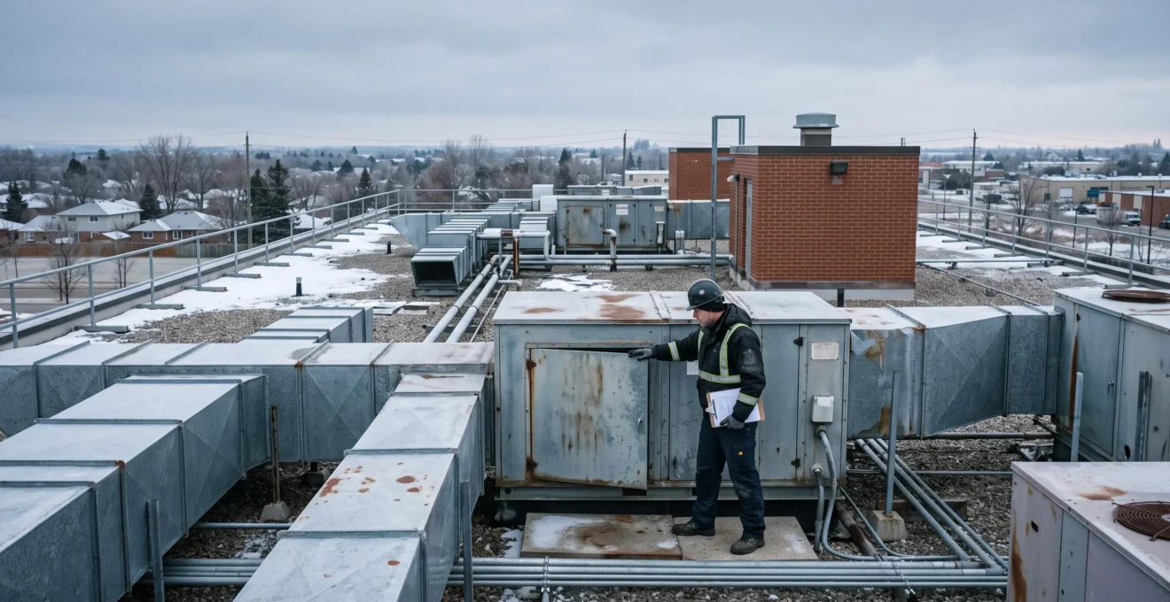 Un technicien inspecte des unités CVAC sur le toit d'un bâtiment institutionnel.