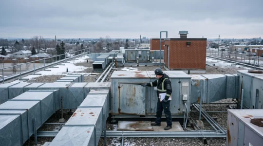 Un technicien inspecte des unités CVAC sur le toit d'un bâtiment institutionnel.