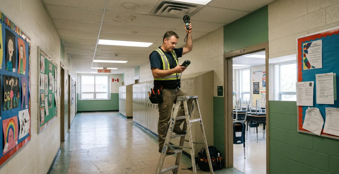 Un technicien mesure le débit d'air d'un diffuseur dans le couloir d'une école.